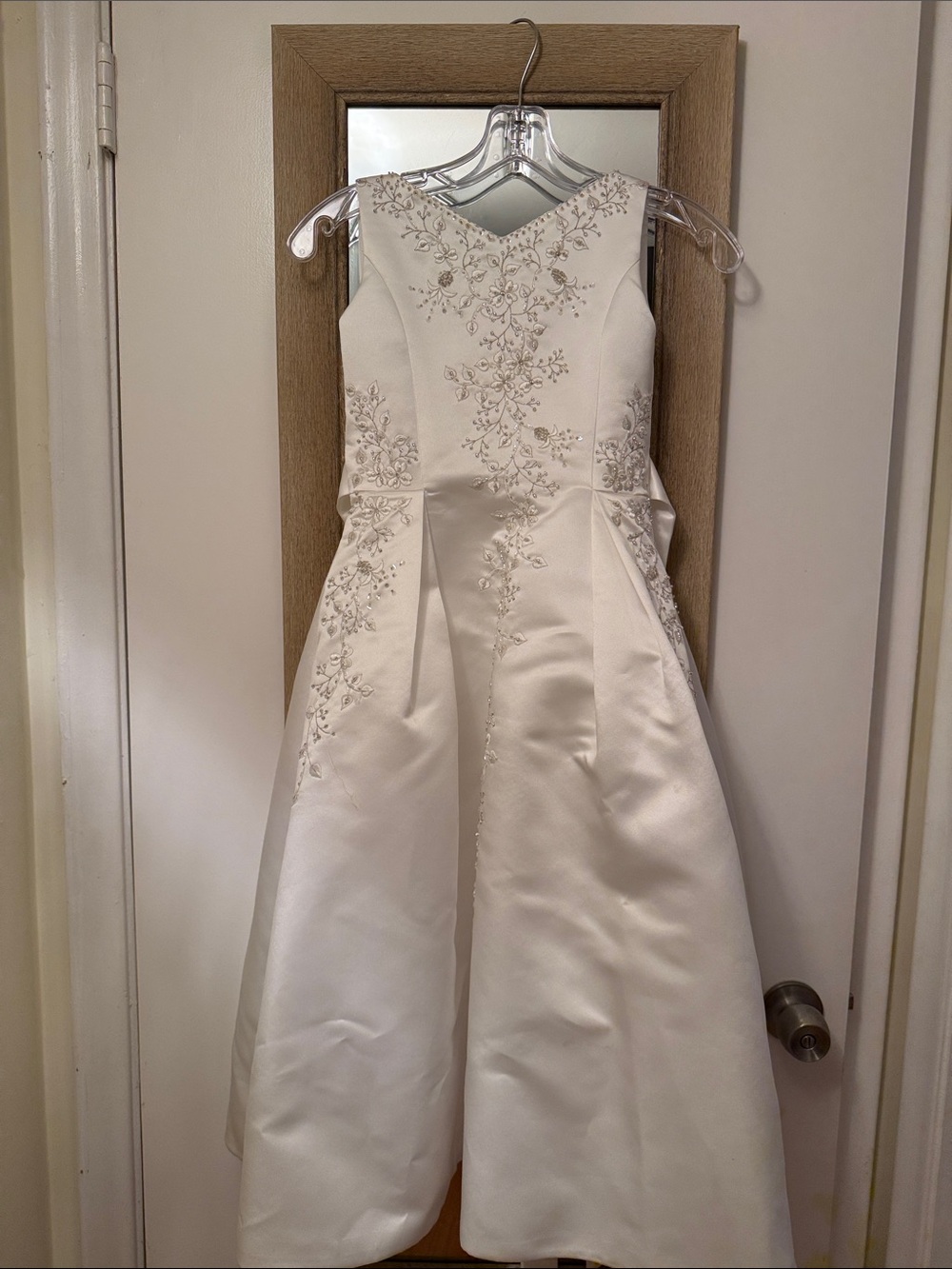 Joan Calabrese White Satin Floral Applique Gown